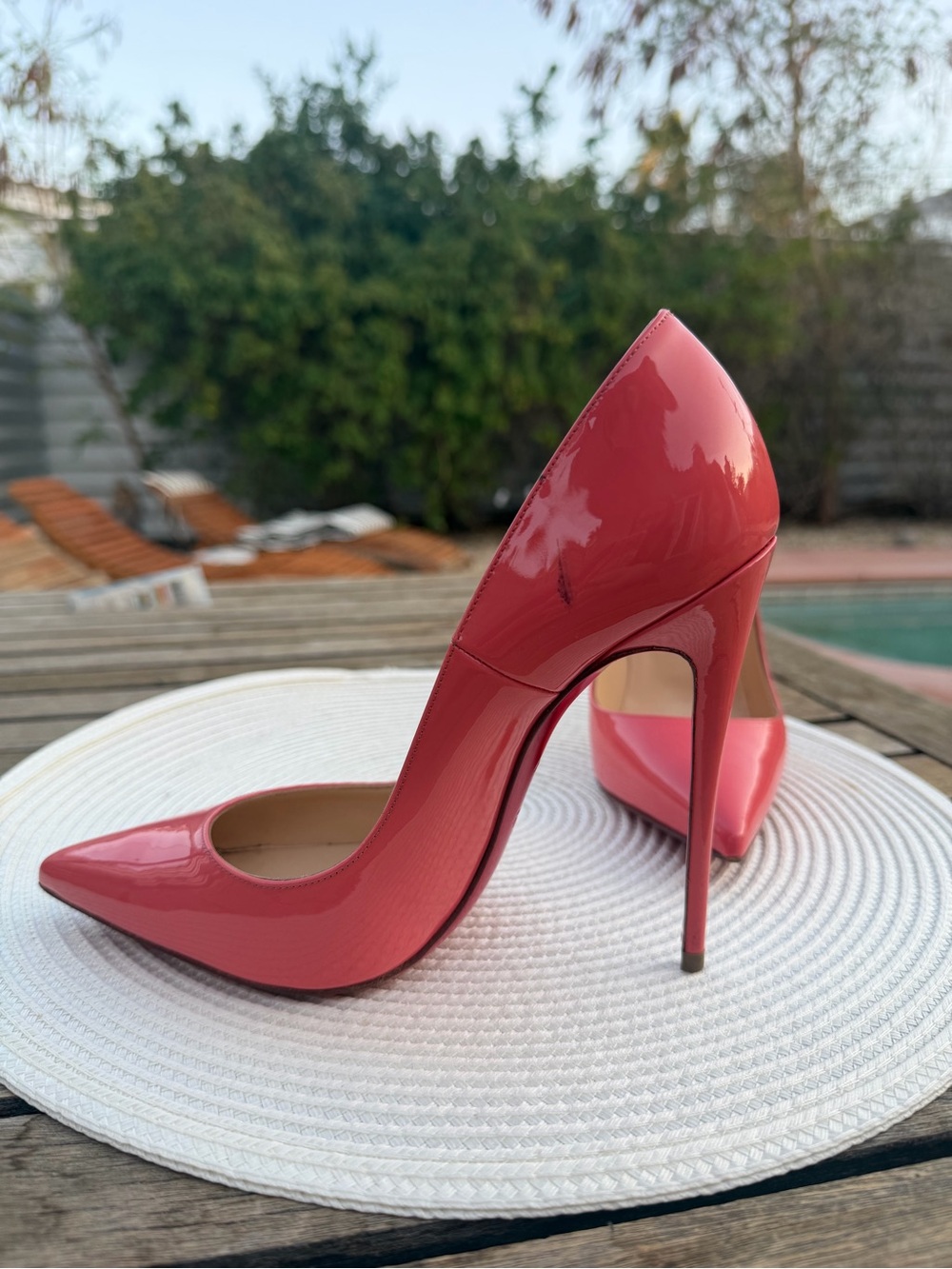 Christian Louboutin Coral Pink Patent Pointed-Toe Stiletto Pumps - Picture 4 of 6